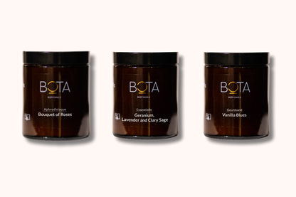 The original set including bouquet of roses, Geranium, lavender and clary sage and vanilla blues body candle. 